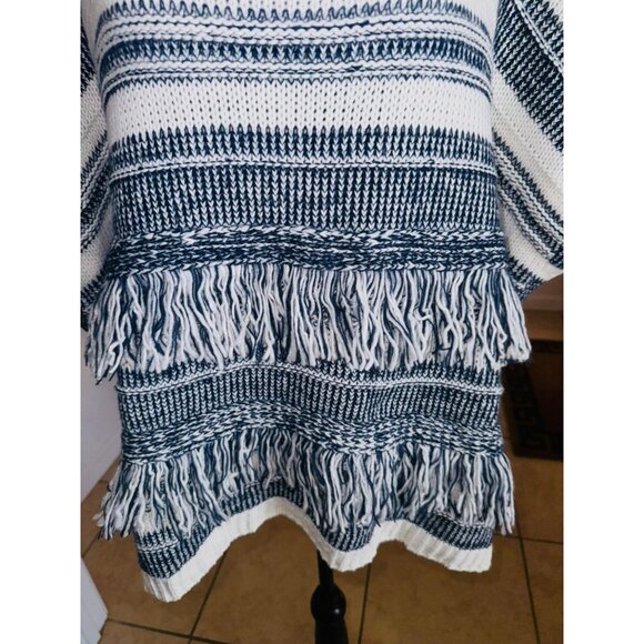 Linda Anderson Striped Cowl Neck Blue White Poncho Fringe One Size Sweater boho - Picture 6 of 10